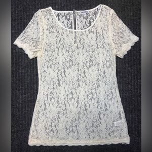 Express  Cream Lace Short Sleeve Blouse Sheer Zip Back Top Size M Sheer Lace
